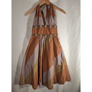 Robin Jordan Womens Beaded Halter Dress Brown Tan Color Block Size 4 Made in USA